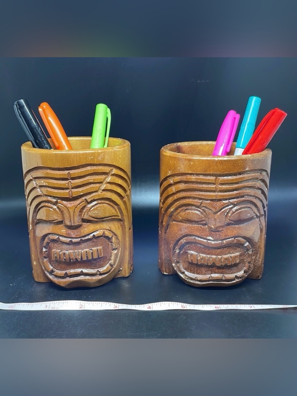 Vintage Hawaiian Hawaii his and her wood surf tiki face cups tumblers Set of 2